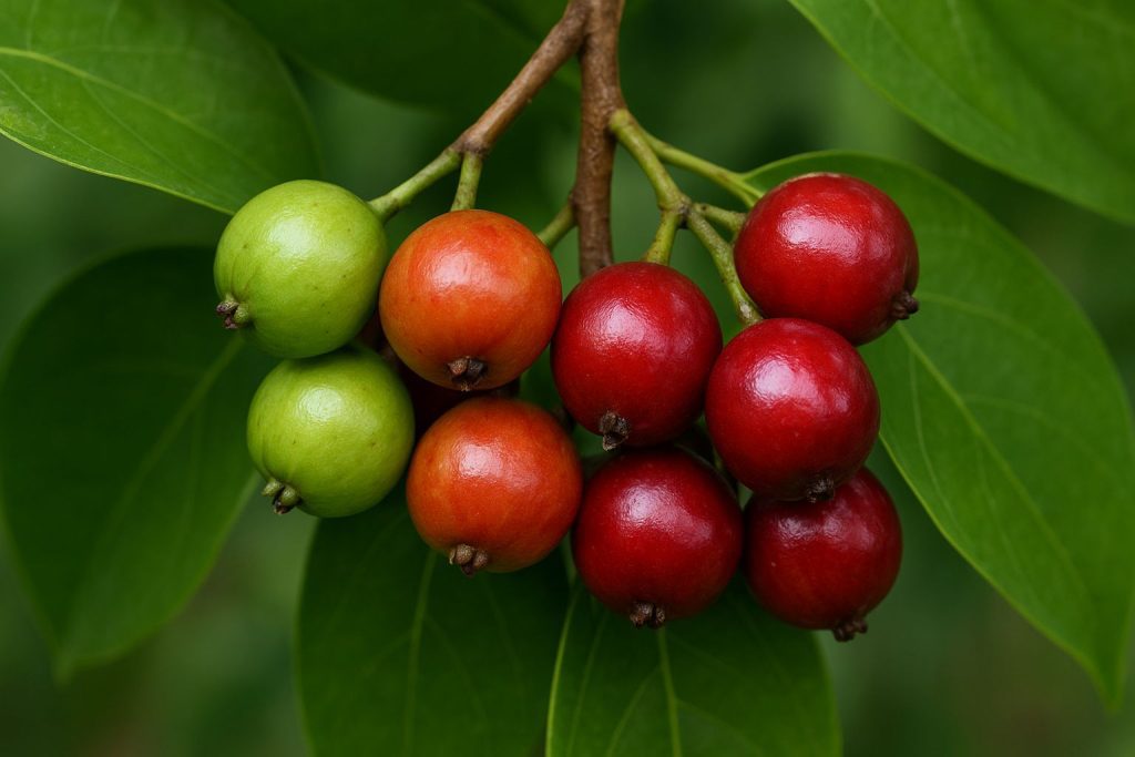 גויאבה תותית אדומה (Psidium cattleyanum) בשלבי הבשלה על הענף - משתלת מרמלשטיין עצי פרי